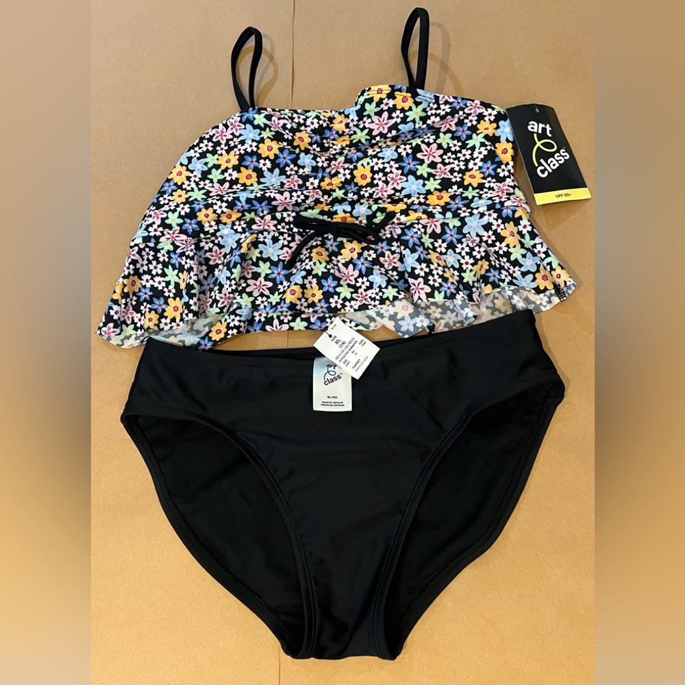 Nwt art class black floral two piece swim xl bikini 14